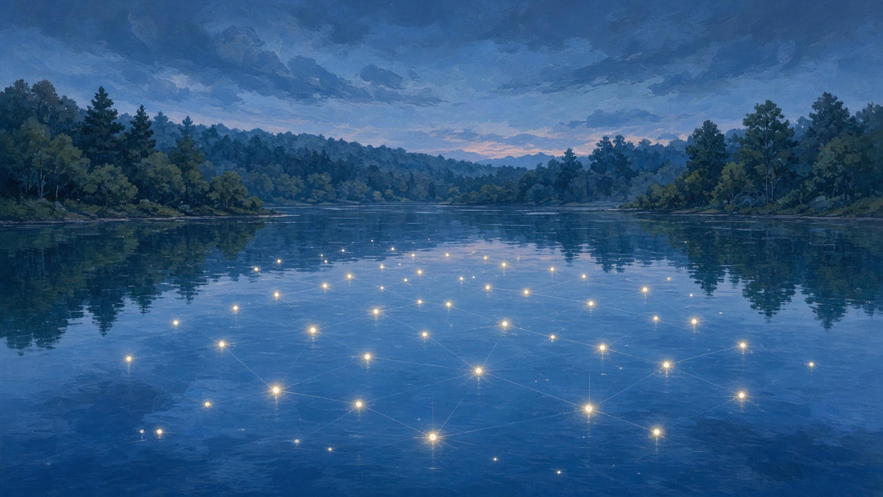 Painted lake reflecting a quiet scatter of lights